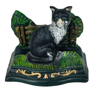 Vintage Cast Iron Tuxedo Cat In The Country Picket Fence Napkin Letter Holder